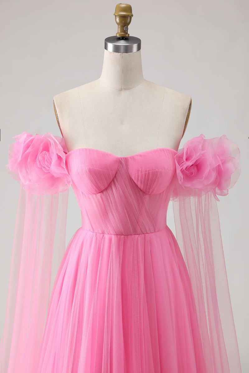 Load image into Gallery viewer, Hot Pink Tulle Off the Shoulder Long Prom Dress with 3D Flowers