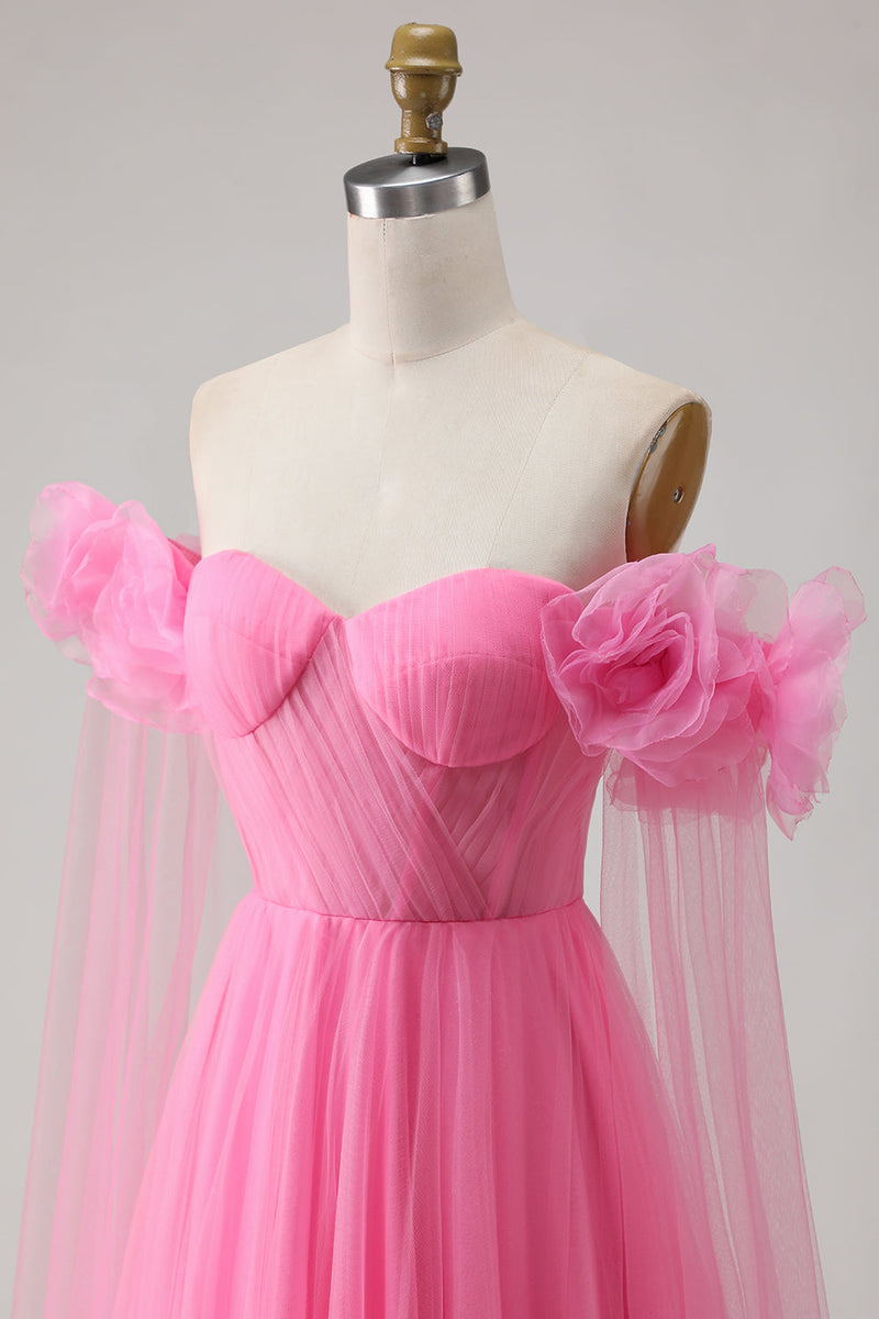 Load image into Gallery viewer, Hot Pink Tulle Off the Shoulder Long Prom Dress with 3D Flowers
