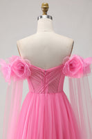 Load image into Gallery viewer, Hot Pink Tulle Off the Shoulder Long Prom Dress with 3D Flowers