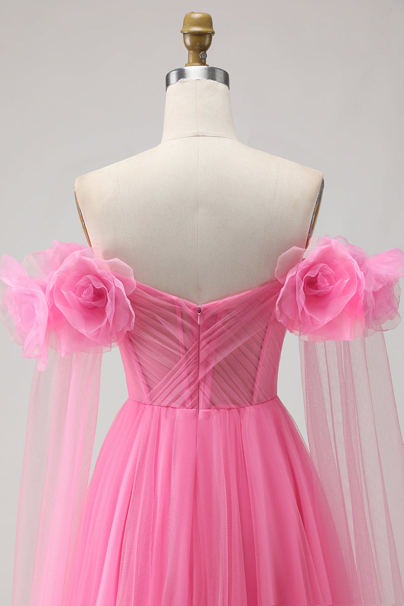 Load image into Gallery viewer, Hot Pink Tulle Off the Shoulder Long Prom Dress with 3D Flowers