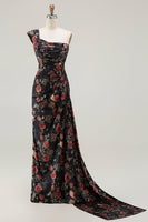 Load image into Gallery viewer, Floral Black and Red Mermaid One Shoulder Long Prom Dress with Slit