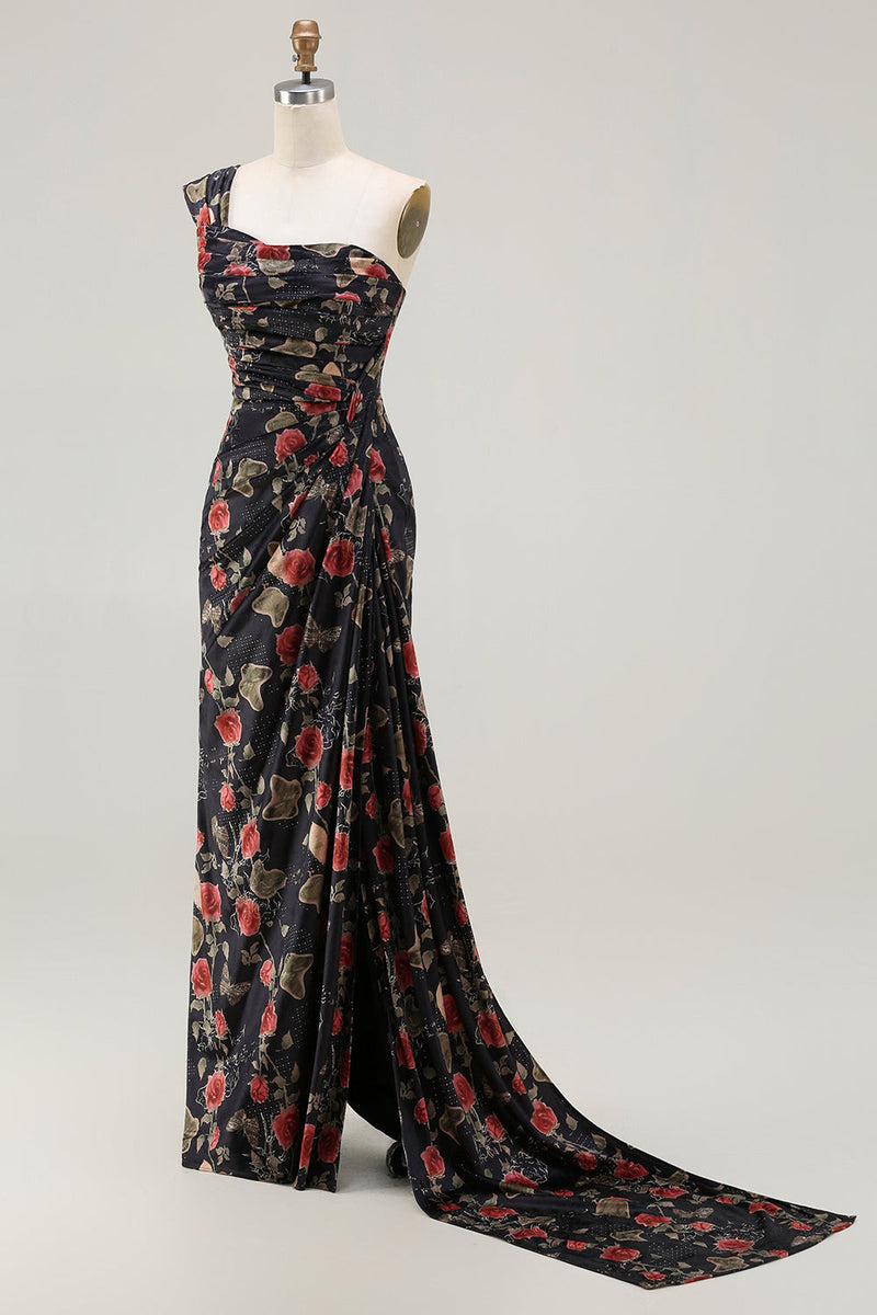 Load image into Gallery viewer, Floral Black and Red Mermaid One Shoulder Long Prom Dress with Slit