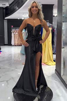 Black Mermaid Satin Strapless Long Corset Prom Dress with Slit