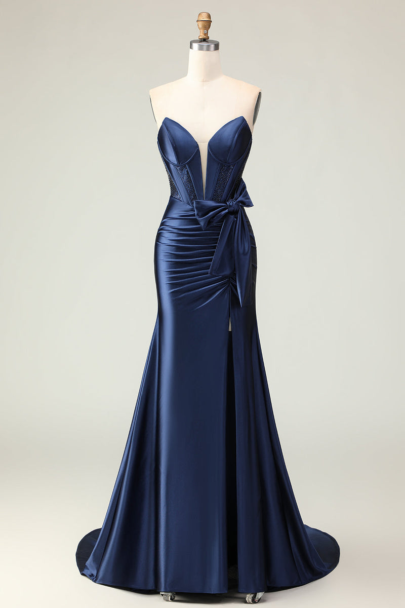Load image into Gallery viewer, Navy Mermaid Strapless Corset Long Prom Dress with Slit