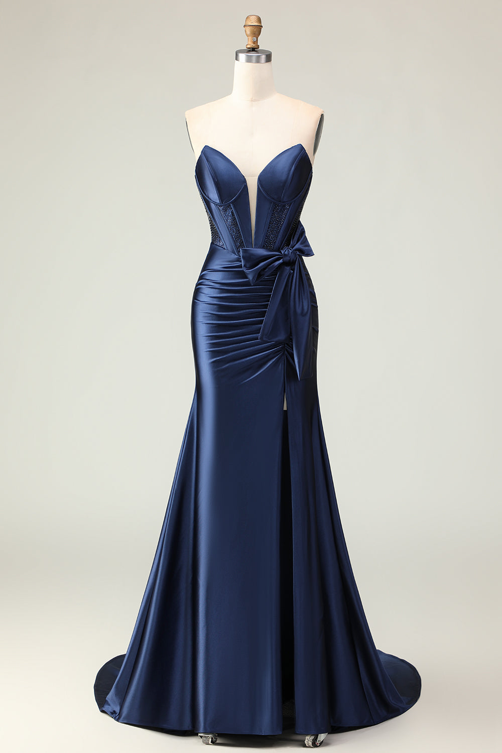 Navy Mermaid Strapless Corset Long Prom Dress with Slit