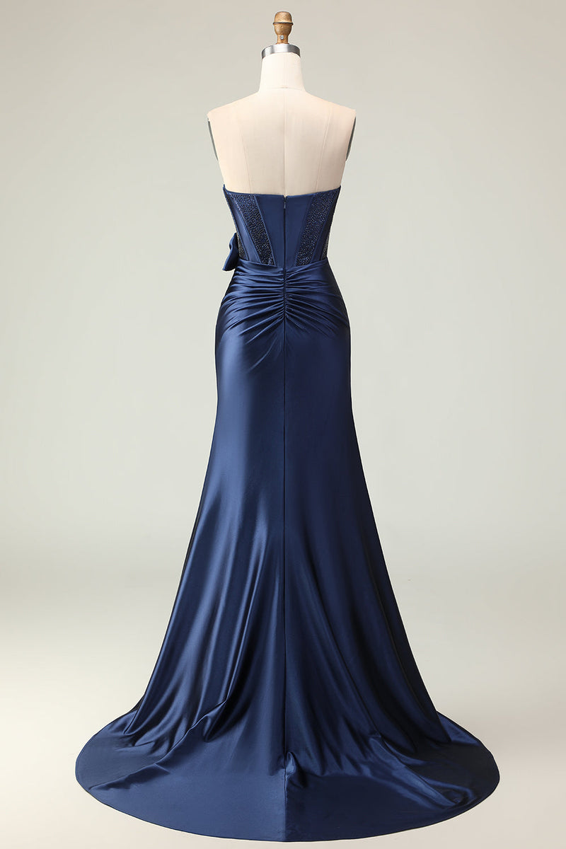 Load image into Gallery viewer, Navy Mermaid Strapless Corset Long Prom Dress with Slit