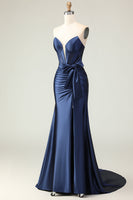 Load image into Gallery viewer, Navy Mermaid Strapless Corset Long Prom Dress with Slit