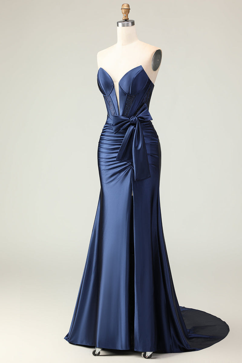 Load image into Gallery viewer, Navy Mermaid Strapless Corset Long Prom Dress with Slit