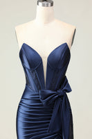 Load image into Gallery viewer, Navy Mermaid Strapless Corset Long Prom Dress with Slit