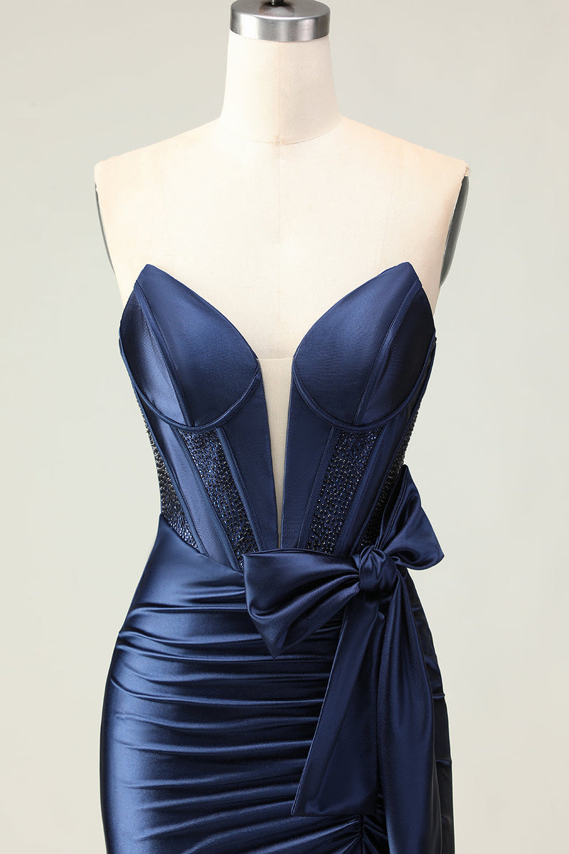 Load image into Gallery viewer, Navy Mermaid Strapless Corset Long Prom Dress with Slit