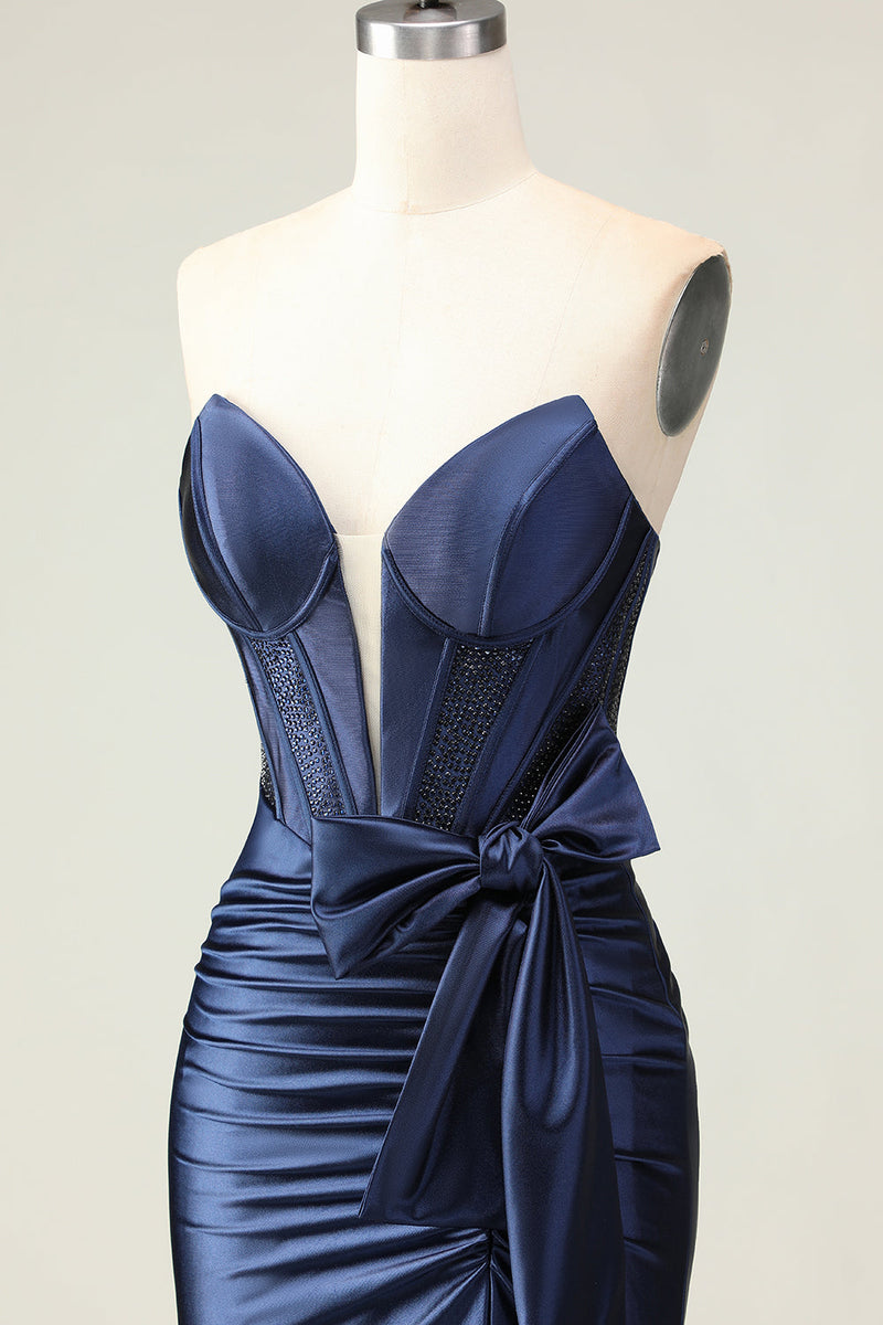 Load image into Gallery viewer, Navy Mermaid Strapless Corset Long Prom Dress with Slit