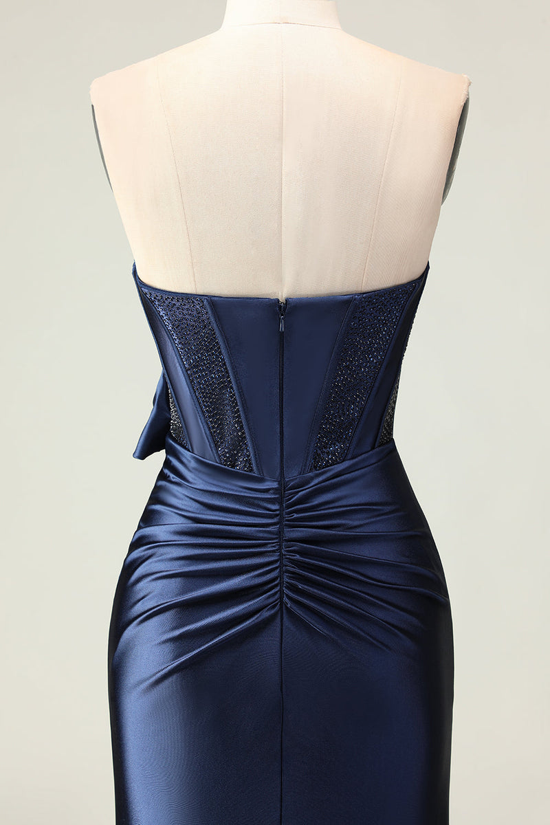 Load image into Gallery viewer, Navy Mermaid Strapless Corset Long Prom Dress with Slit