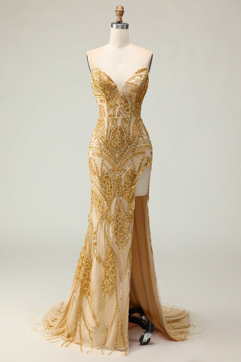 Load image into Gallery viewer, Sparkly Golden Mermaid Beaded Strapless Long Prom Dress with Slit