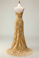 Load image into Gallery viewer, Sparkly Golden Mermaid Beaded Strapless Long Prom Dress with Slit