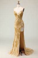 Load image into Gallery viewer, Sparkly Golden Mermaid Beaded Strapless Long Prom Dress with Slit