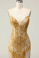 Load image into Gallery viewer, Sparkly Golden Mermaid Beaded Strapless Long Prom Dress with Slit