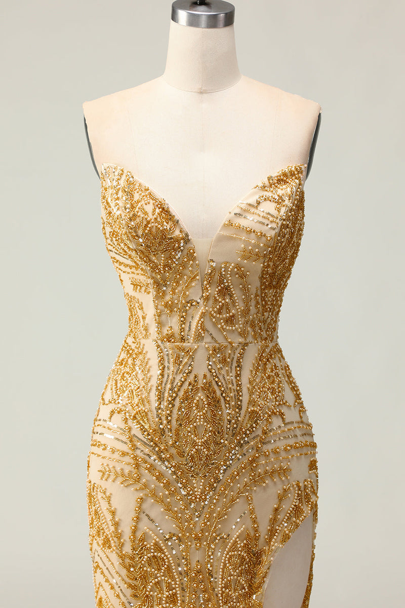 Load image into Gallery viewer, Sparkly Golden Mermaid Beaded Strapless Long Prom Dress with Slit