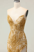Load image into Gallery viewer, Sparkly Golden Mermaid Beaded Strapless Long Prom Dress with Slit