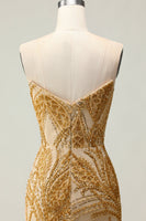 Load image into Gallery viewer, Sparkly Golden Mermaid Beaded Strapless Long Prom Dress with Slit