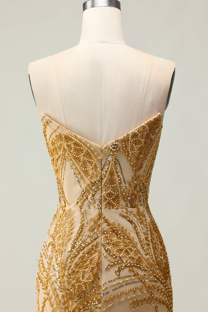 Load image into Gallery viewer, Sparkly Golden Mermaid Beaded Strapless Long Prom Dress with Slit