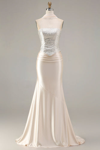 Sparkly Champagne Neck Scarf Mermaid Long Prom Dress with Beading