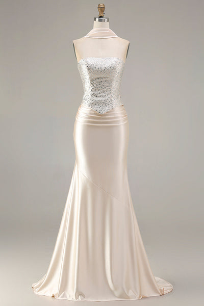 Sparkly Champagne Neck Scarf Mermaid Long Prom Dress with Beading