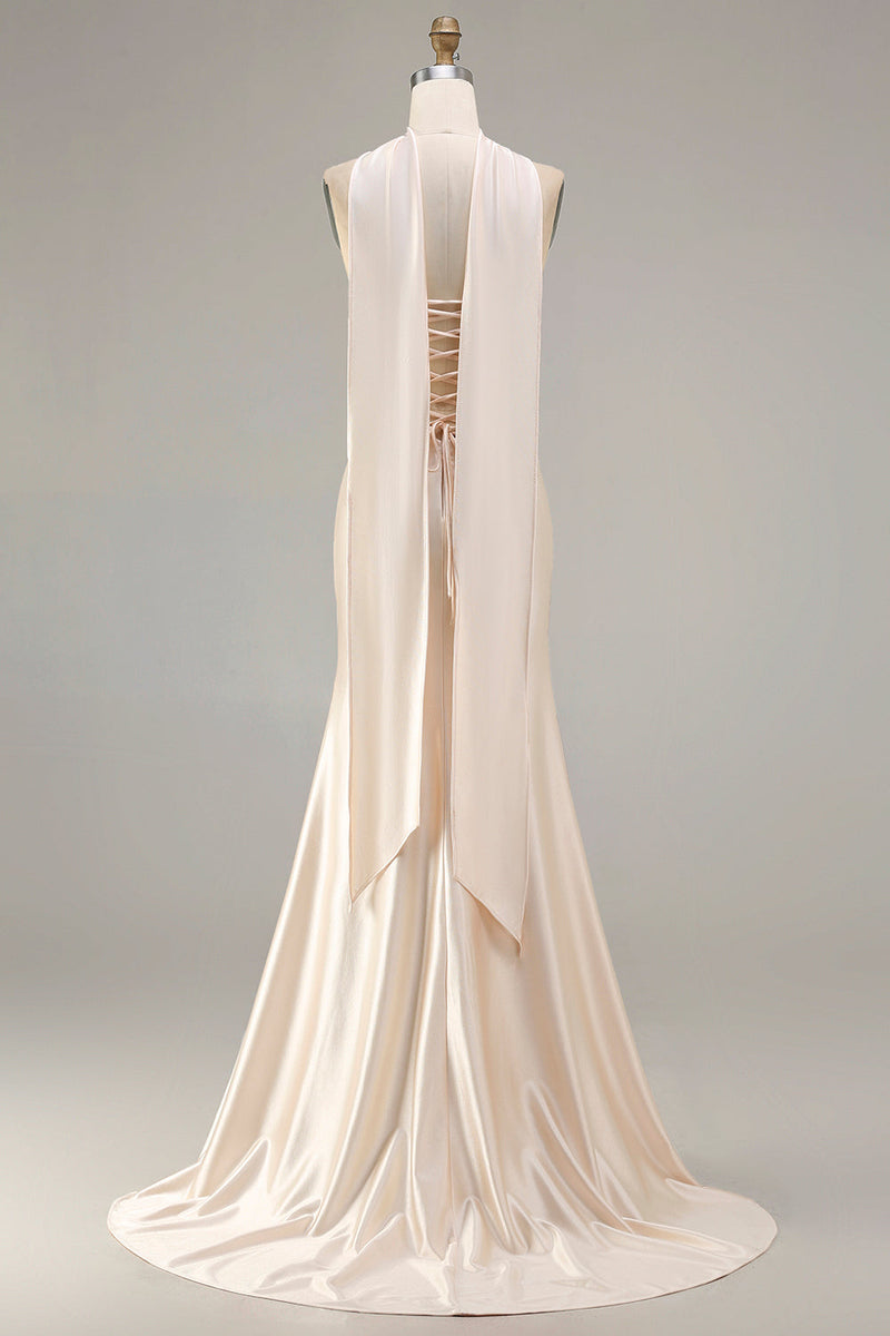 Load image into Gallery viewer, Sparkly Champagne Neck Scarf Mermaid Long Prom Dress with Beading