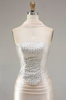 Load image into Gallery viewer, Sparkly Champagne Neck Scarf Mermaid Long Prom Dress with Beading