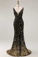 Load image into Gallery viewer, Sparkly Black Golden Mermaid Beaded V Neck Long Prom Dress