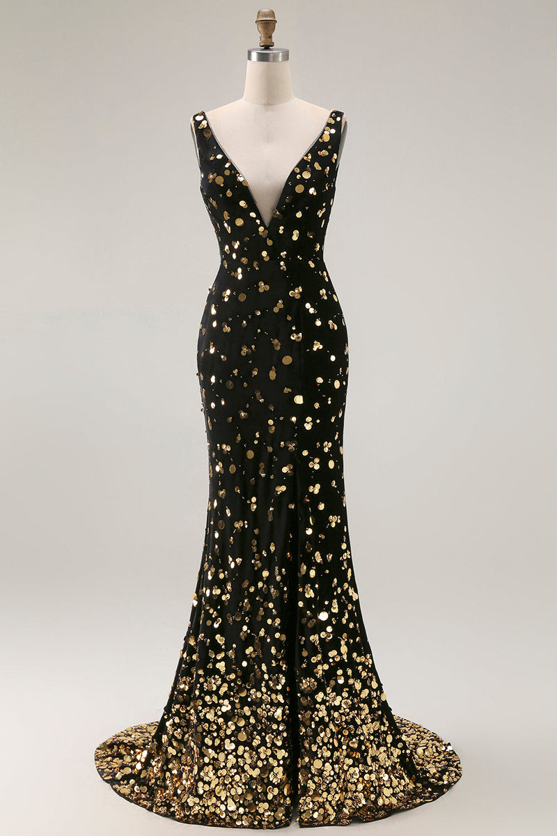 Load image into Gallery viewer, Sparkly Black Golden Mermaid Beaded V Neck Long Prom Dress