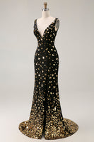 Load image into Gallery viewer, Sparkly Black Golden Mermaid Beaded V Neck Long Prom Dress