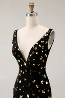 Load image into Gallery viewer, Sparkly Black Golden Mermaid Beaded V Neck Long Prom Dress