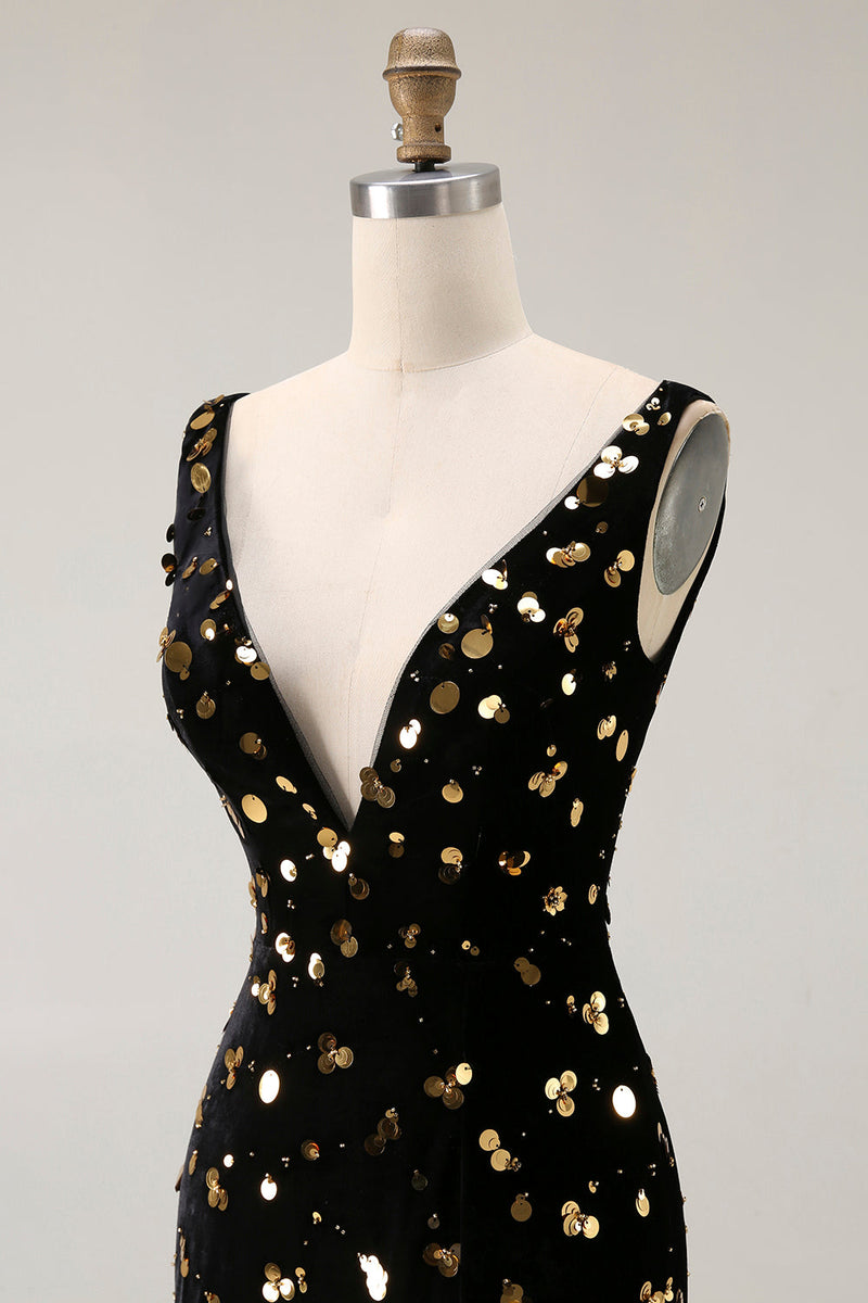 Load image into Gallery viewer, Sparkly Black Golden Mermaid Beaded V Neck Long Prom Dress