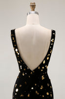 Load image into Gallery viewer, Sparkly Black Golden Mermaid Beaded V Neck Long Prom Dress