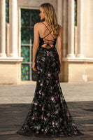 Load image into Gallery viewer, Sparkly Blue Green Floral Spaghetti Straps Sequin Long Prom Dress with Slit