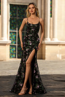 Load image into Gallery viewer, Sparkly Blue Green Floral Spaghetti Straps Sequin Long Prom Dress with Slit