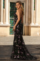 Load image into Gallery viewer, Sparkly Blue Green Floral Spaghetti Straps Sequin Long Prom Dress with Slit