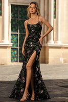 Load image into Gallery viewer, Sparkly Blue Green Floral Spaghetti Straps Sequin Long Prom Dress with Slit