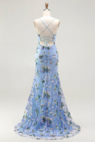 Load image into Gallery viewer, Sparkly Blue Green Floral Spaghetti Straps Sequin Long Prom Dress with Slit