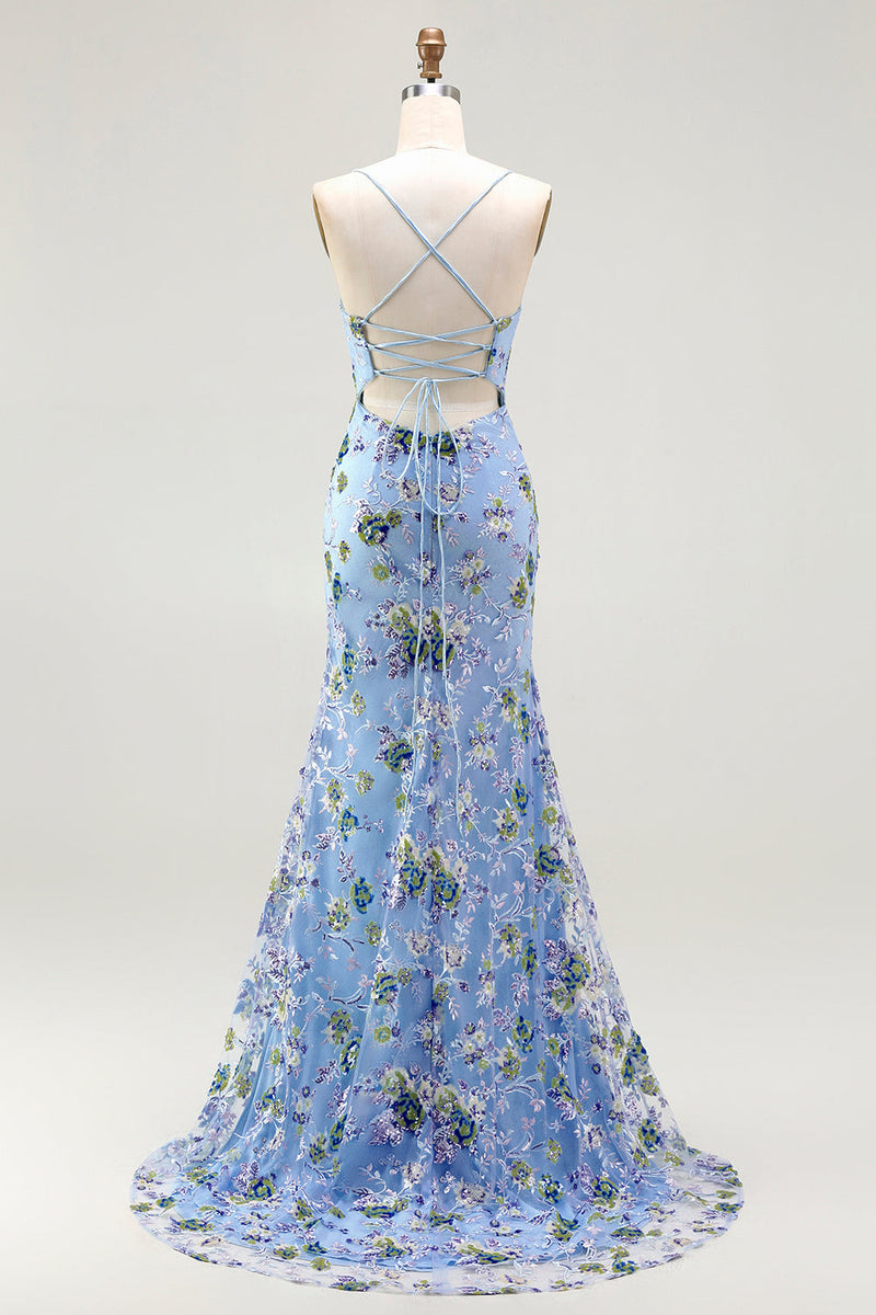 Load image into Gallery viewer, Sparkly Blue Green Floral Spaghetti Straps Sequin Long Prom Dress with Slit