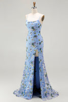 Load image into Gallery viewer, Sparkly Blue Green Floral Spaghetti Straps Sequin Long Prom Dress with Slit