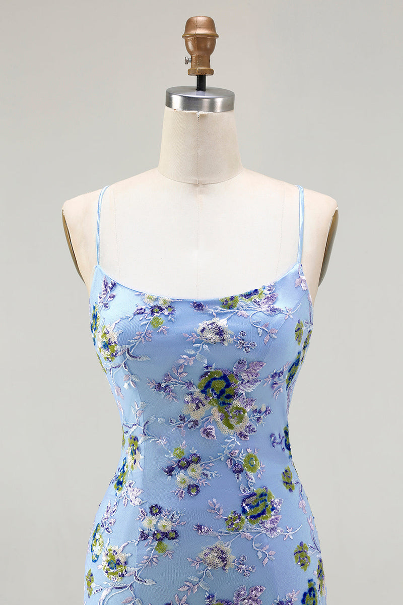 Load image into Gallery viewer, Sparkly Blue Green Floral Spaghetti Straps Sequin Long Prom Dress with Slit