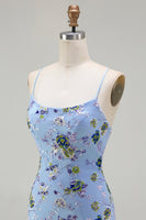 Load image into Gallery viewer, Sparkly Blue Green Floral Spaghetti Straps Sequin Long Prom Dress with Slit