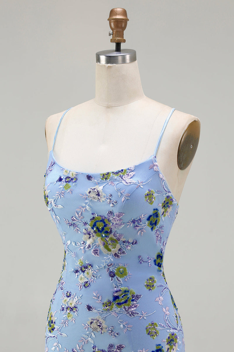 Load image into Gallery viewer, Sparkly Blue Green Floral Spaghetti Straps Sequin Long Prom Dress with Slit