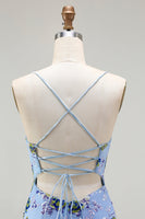 Load image into Gallery viewer, Sparkly Blue Green Floral Spaghetti Straps Sequin Long Prom Dress with Slit