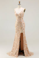 Load image into Gallery viewer, Sparkly Champagne Floral Mermaid Lace Up Back Long Prom Dress with Slit