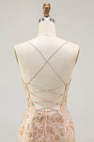 Load image into Gallery viewer, Sparkly Champagne Floral Mermaid Lace Up Back Long Prom Dress with Slit