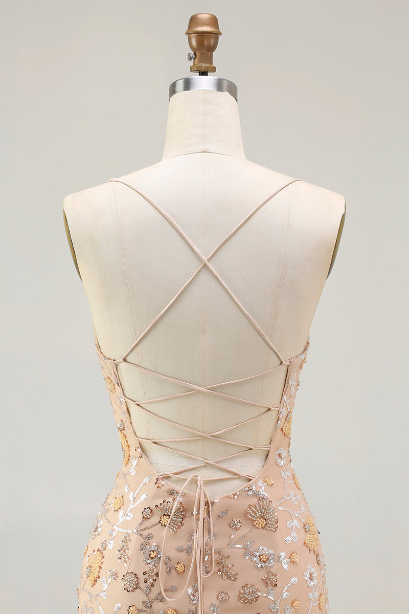 Load image into Gallery viewer, Sparkly Champagne Floral Mermaid Lace Up Back Long Prom Dress with Slit