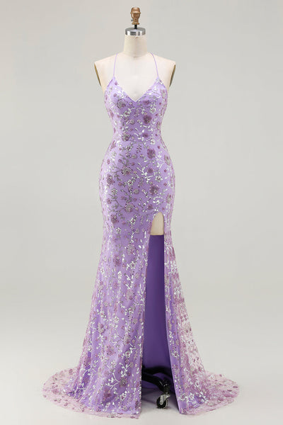 Sparkly Purple Mermaid Floral Long Prom Dress with Slit