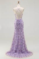 Load image into Gallery viewer, Sparkly Purple Mermaid Floral Long Prom Dress with Slit